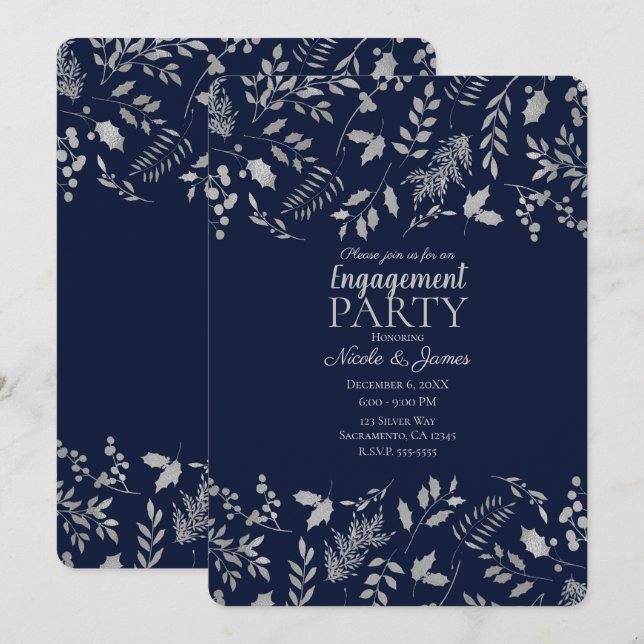 Convite Azul de Inverno & Folhas de Prata Engajamento Botâ (Frente/Verso)