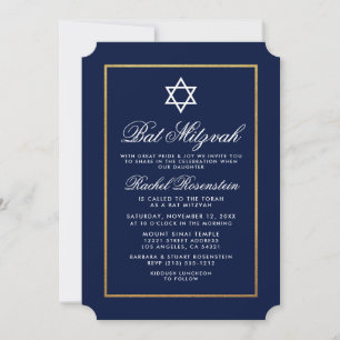 Convite azul de Mitzvah do bastão e Dourado