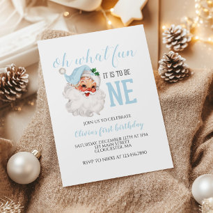 Convite Azul de Natal Papai Noel Primeiro Aniversário