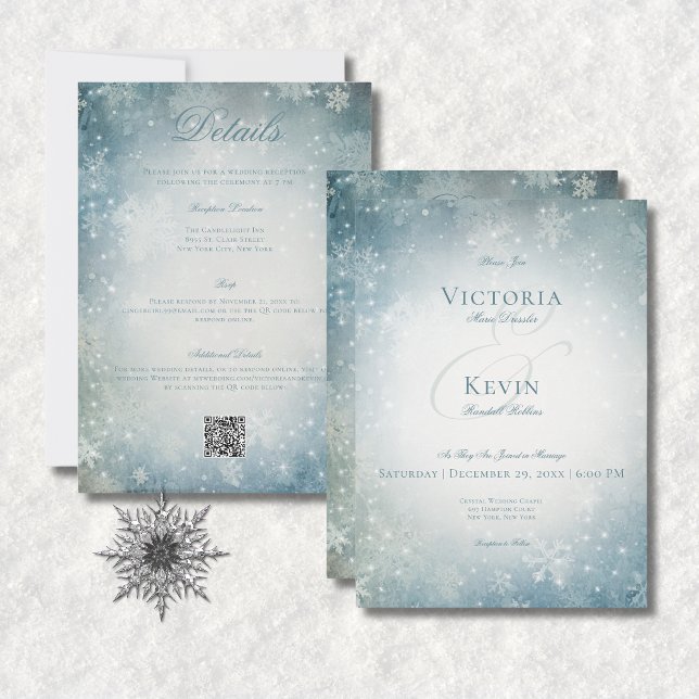 Convite Azul de neve em queda e brilho branco dois lados (Falling Snow Blue & White Sparkle All In One Invitation)