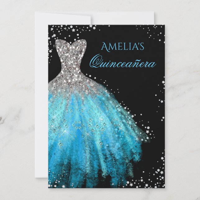 Convite Azul de Quinceanera de Vestido Brilhante (Frente)