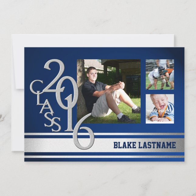 Convite Azul de três fotos com Formando de distribuição de (Frente)