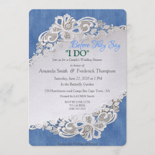 Convite Azul Denim, renda e Pérolas de Marfim