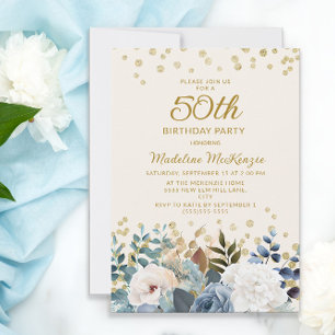 Convite Azul Desbotado Branco Floral Dourado 50º Aniversár