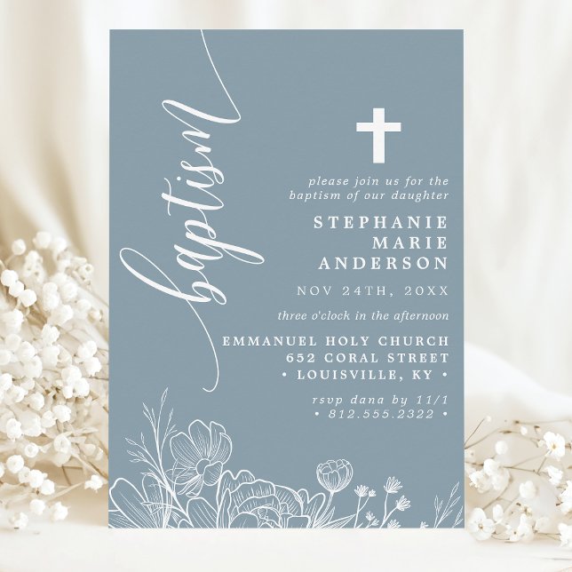 Convite Azul Desbotado Branco Floral Elegante Script Batis (Criador carregado)