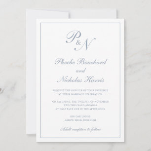 Convite Azul Desbotado Clássico Casamento Elegante