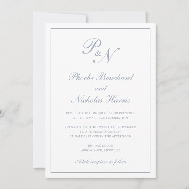 Convite Azul Desbotado Clássico Casamento Elegante (Frente)