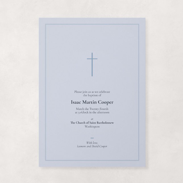 Convite Azul Desbotado Cruz Mínima Religiosa Batismo (Grace - Minimal Cross Baptism Invitation in Dusky Blue)