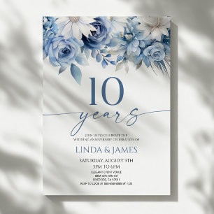 Convite Azul Desbotado Floral 10º Aniversário de Casamento