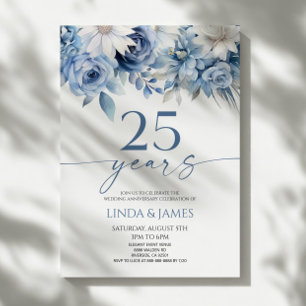 Convite Azul Desbotado Floral 25º Aniversário de Casamento