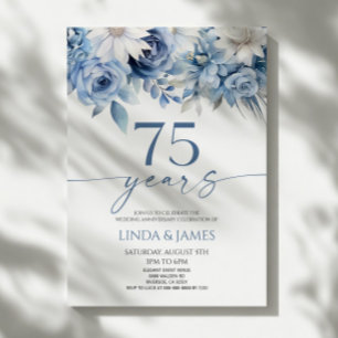 Convite Azul Desbotado Floral 75º Aniversário de Casamento