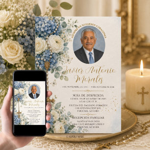 Convite Azul Desbotado Floral Branca Foto Funeral Católico