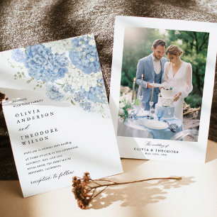 Convite Azul Desbotado Floral Branco Foto Casamento Elegan