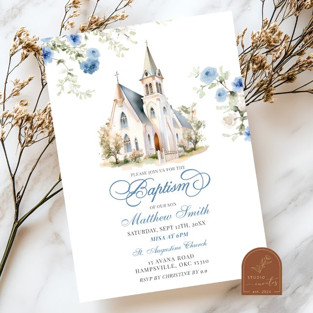 Convite Azul Desbotado Floral Clássico Batismo na Igreja (Criador carregado)