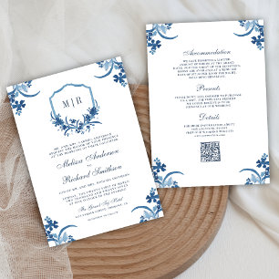 Convite Azul Desbotado Floral Crista Todos em Um Código QR