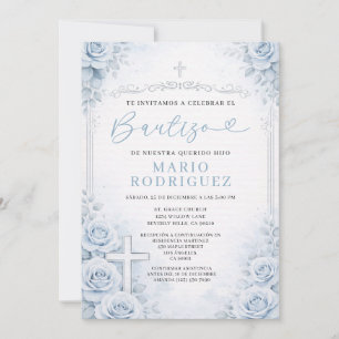 Convite Azul Desbotado Floral Espanhol Batismo Religião Cr