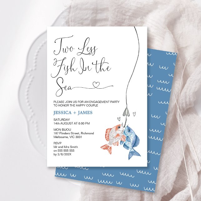 Convite Azul Divertido Dois Peixes A Menos No Noivado Do M (Fun Two Less Fish In The Sea Engagement Invitation, Blue Fishing Themed Engagement Invitation  )
