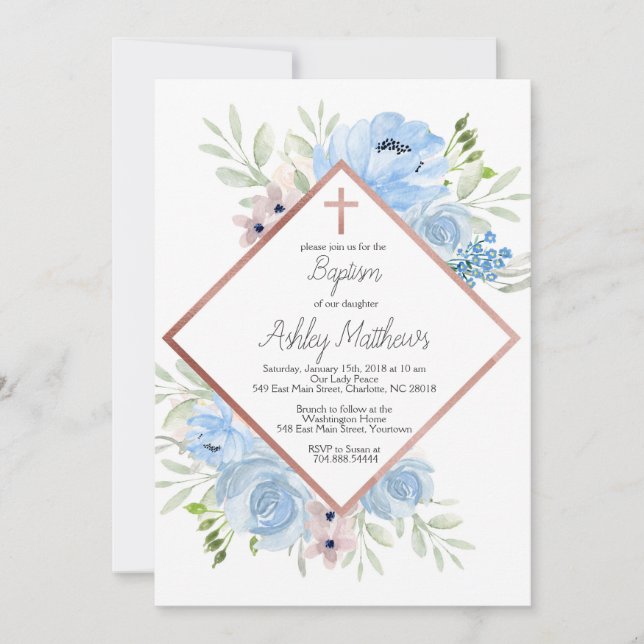 convite azul do baptismo do menino, primeiro (Frente)