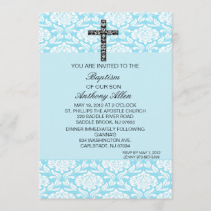Convite azul do baptismo dos meninos do damasco