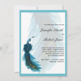 Convite azul do casamento da pena do pavão da