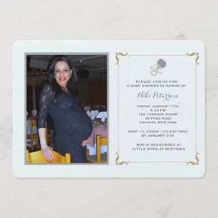 Convite azul do chá de fraldas da foto do chocalh