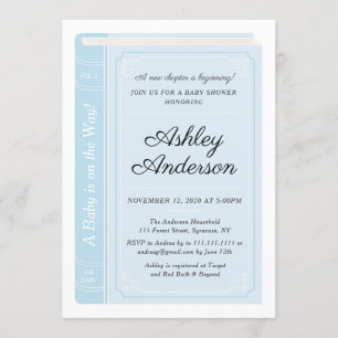 Convite azul do chá de fraldas do livro de