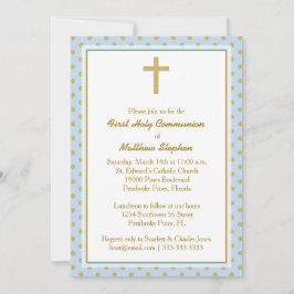 Convite Azul do comunhão com bolinhas Dourados