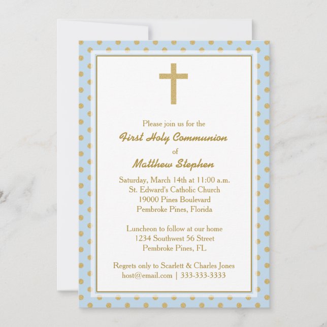 Convite Azul do comunhão com bolinhas Dourados (Frente)