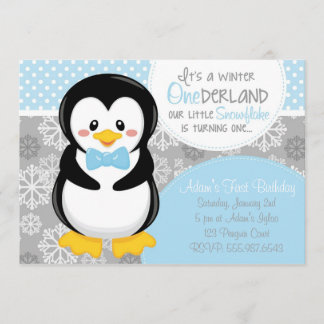 Convite azul do pinguim de ONEderland do inverno