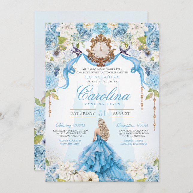 Convite Azul Dourada Cinderela Quinceanera Luxury Aniversá (Frente/Verso)