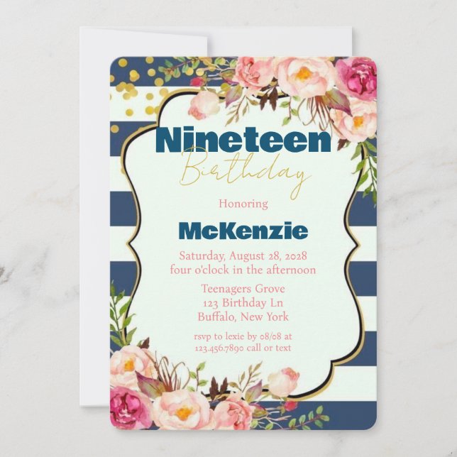 Convite Azul, Dourada, Pink Peony Girl, 19ª Festa de anive (Frente)