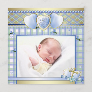 Convite Azul Dourado Cruz Bebê Menino Foto Batizado