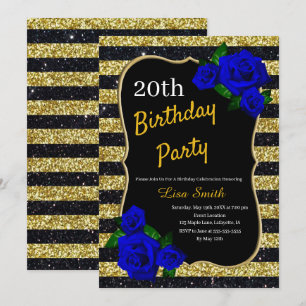 Convite Azul Dourado de Aniversário Glitter Rosa Azul Prof