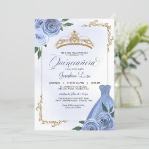 Convite Azul, Dourado e Branco, Tiara Quinceañera 