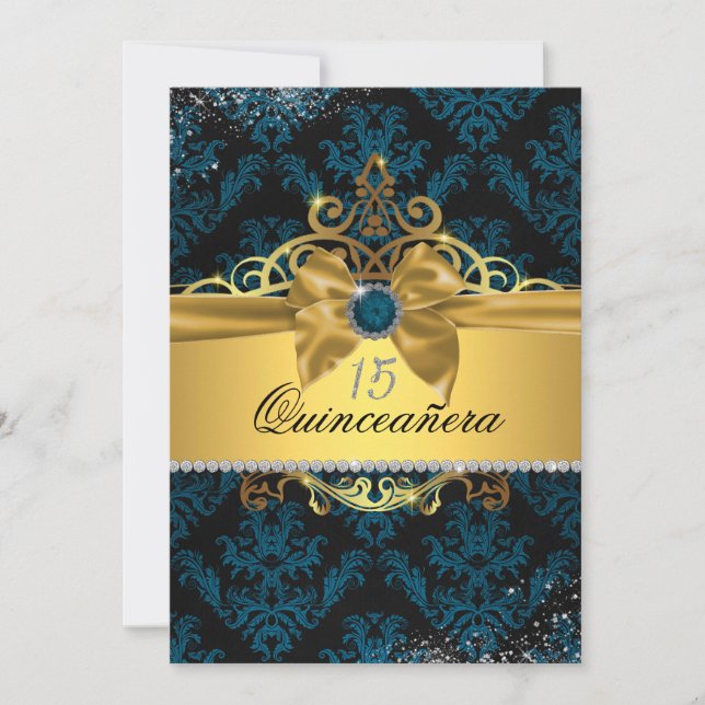 Convite Azul Dourado Elegante Damask Quinceanera (Frente)