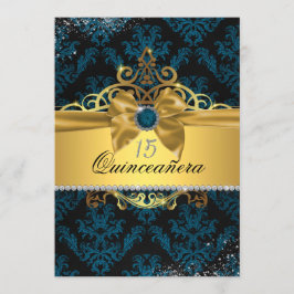 Convite Azul Dourado Elegante Damask Quinceanera
