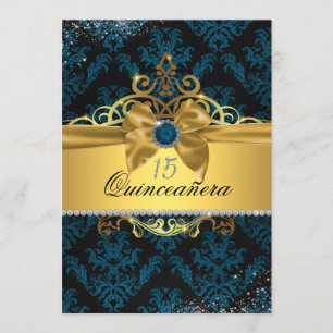 Convite Azul Dourado Elegante Damask Quinceanera