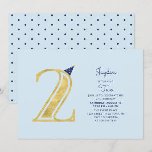 Convite Azul & Dourado   Festa de 2º Aniversário de Menino
