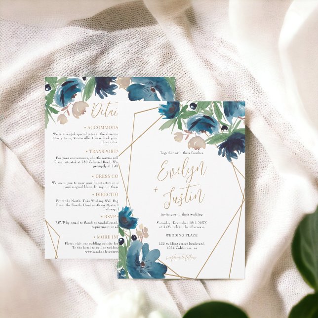 Convite Azul-dourado Floral Aquarela Tudo em um Casamento (Elegant dusty blue gold Floral Watercolor Wedding Invitation)