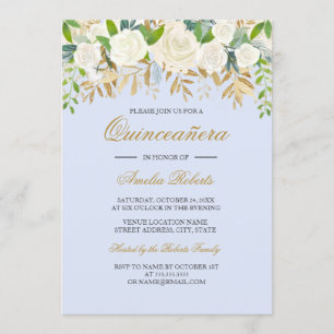 Convite Azul Dourado Floral Folha Aquarela Quinceanera