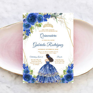 Convite Azul Dourado Floral Quinceanera