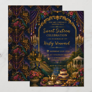Convite Azul Dourado Jardim Luxuoso Elegante Sweet 16