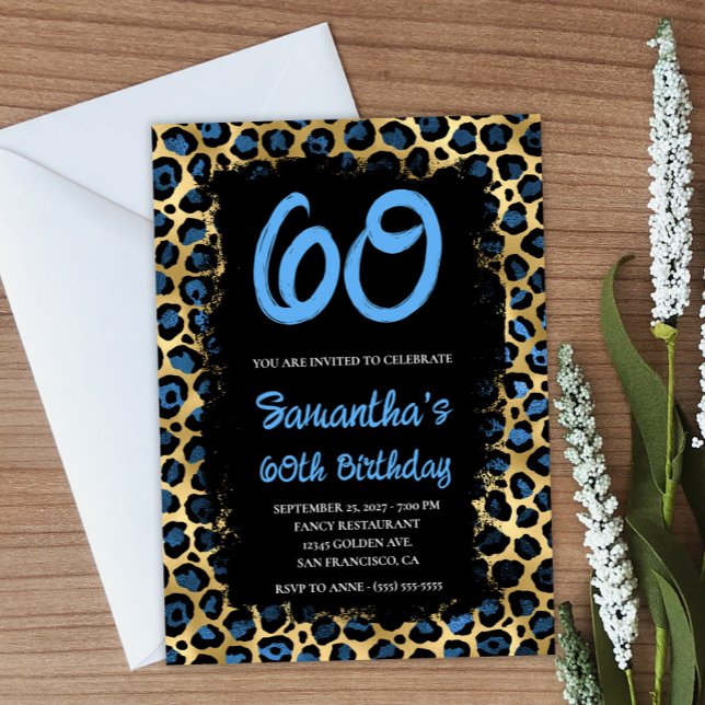Convite Azul-Dourado-leopardo pintado a preto 60º aniversá (Create your own blue and gold leopard birthday invitation.)