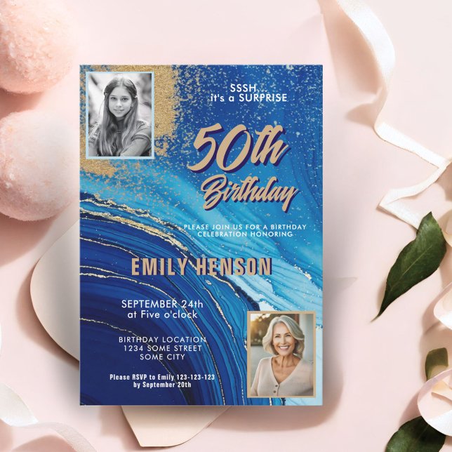 Convite Azul Dourado Marble Glitter 2 Foto 50º Aniversário (Criador carregado)