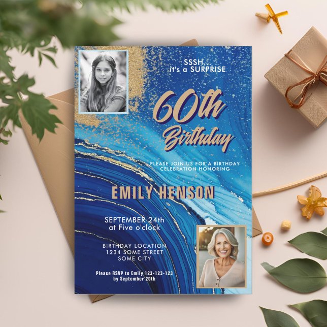 Convite Azul Dourado Marble Glitter 2 Foto 60º Aniversário (Criador carregado)