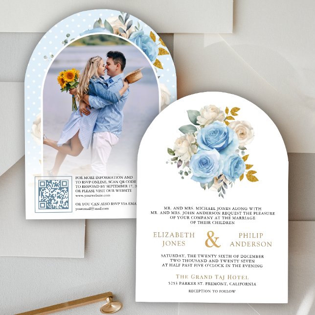 Convite Azul Dourado Marfim Floral Rosas Código QR Foto Ca (Criador carregado)