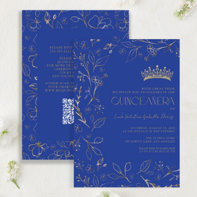 Convite Azul Dourado moderno Tiara QR Quinceañera (Criador carregado)