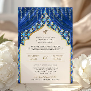 Convite Azul Dourado Quatrefoil Código QR Casamento Sikh