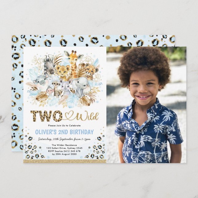 Convite Azul Dourado Safari Duas Fotografias Selvagens (Frente/Verso)