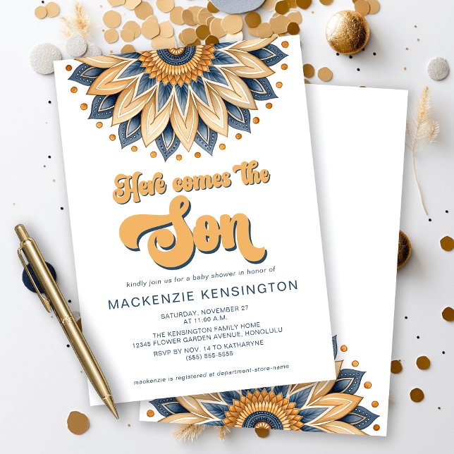 Convite Azul Dourado Vem O Chá de fraldas Filho (Here comes the SON - cute navy blue and gold sunflower sunshine baby shower invitation)